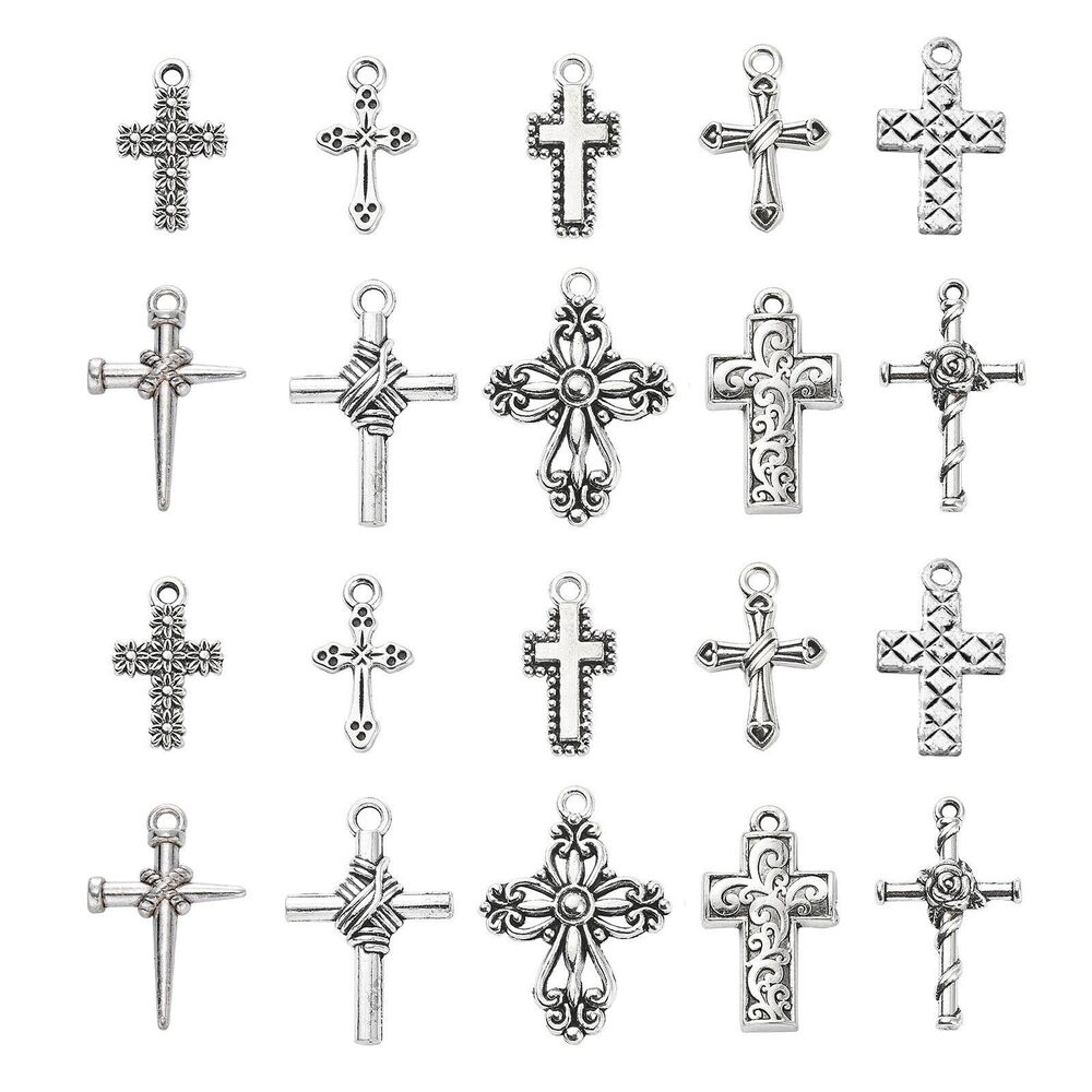 9060 100 Pcs 10 Styles Alloy Religious Cross Charms Antique Silver Crucifix